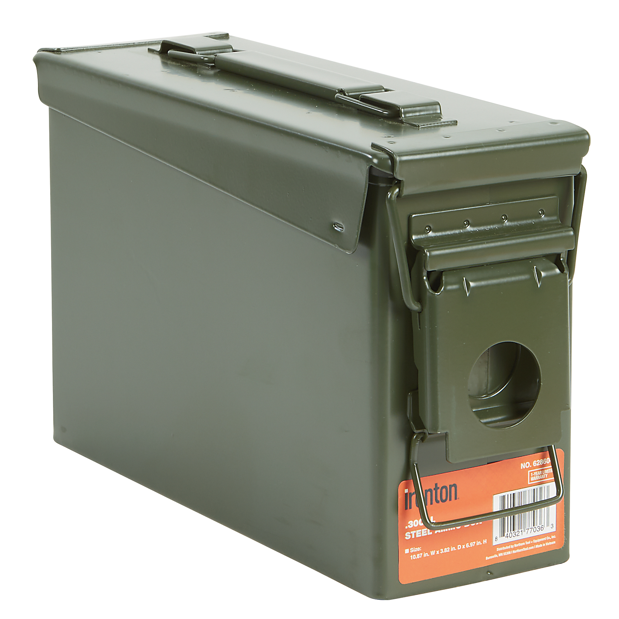 Ironton 30-Cal. Steel Ammo Box, 6.45in.H x 3.46in.W x 9.92in.L, Green